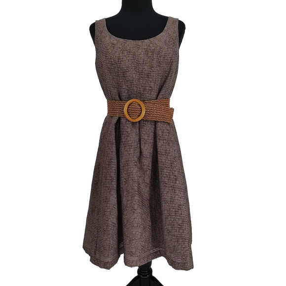 Nine West Woman Brown Fit Flare Belted Lined Summer Dress Size 6 Tailored Pocket - Picture 1 of 11